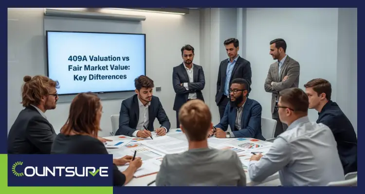 Business professionals discussing 409A valuation vs fair market value differences in a boardroom meeting at Countsure