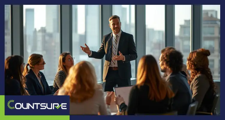 CountSure CPA expert explaining Form 5472 and Pro Forma 1120 filing requirements to a team of business professionals in a corporate meeting room