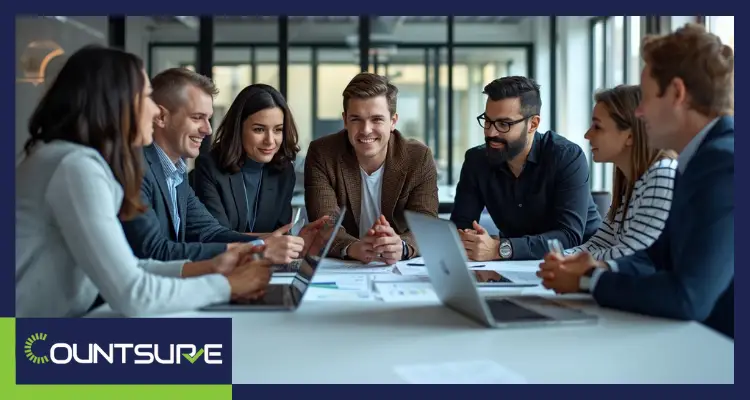 Countsure team meeting discussing ISO vs NSO startup equity compensation around conference table with laptops and documents