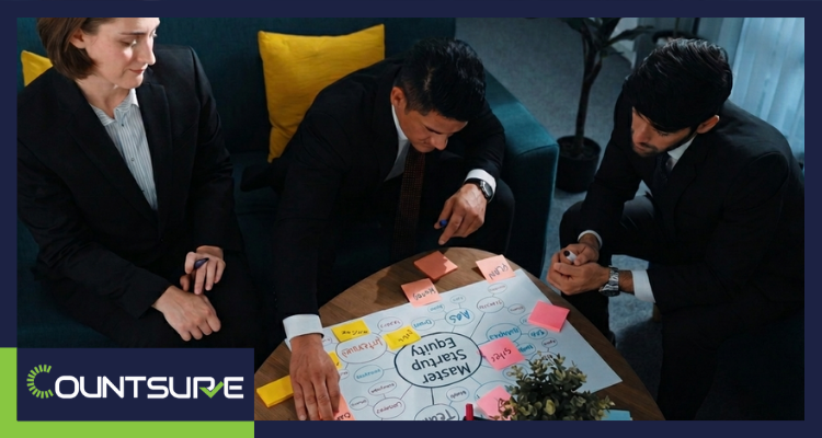 Startup founders and executives collaborating around a table planning equity compensation structure with sticky notes and mind map showing stock options, vesting schedules, and cap table strategy