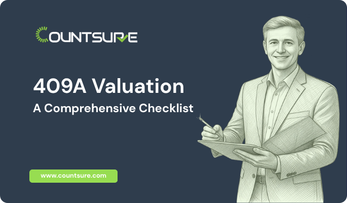 CountSure 409A valuation comprehensive checklist cover image featuring a professional appraiser with clipboard on a dark blue background with CountSure logo and website URL countsure.com
