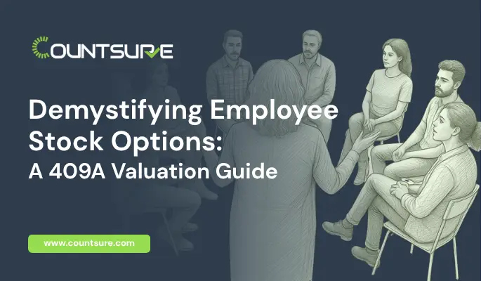Countsure guide on demystifying employee stock options and 409A valuation — illustrated group discussion scene with professionals