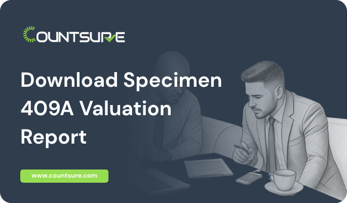 CountSure specimen 409A valuation report download page featuring two professionals reviewing a valuation document at a desk on a dark blue background with CountSure logo and website URL countsure.com