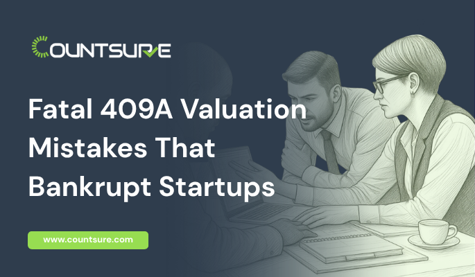 Countsure guide on fatal 409A valuation mistakes that can bankrupt startups illustrated with two professionals reviewing critical equity compliance errors