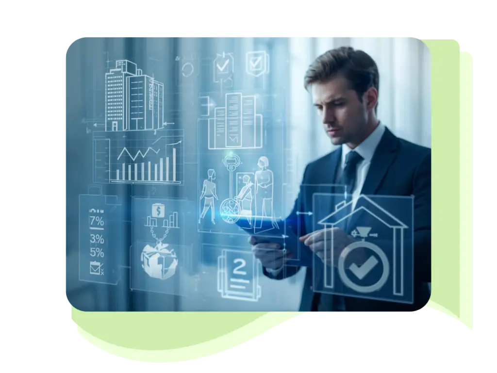 Financial professional analyzing gift and estate tax valuation data with digital overlays showing real estate, business assets, tax rates, and IRS-compliant appraisal icons