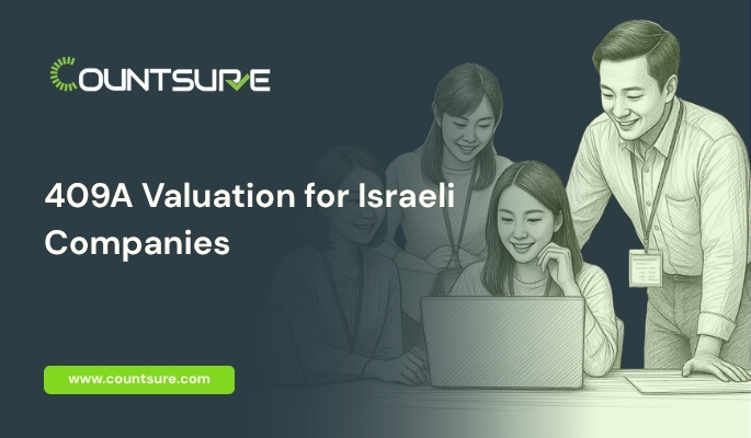 Countsure guide on 409A valuation for Israeli companies — illustrated tech team collaborating on IRS-compliant stock option and equity compensation planning for Israel-based startups