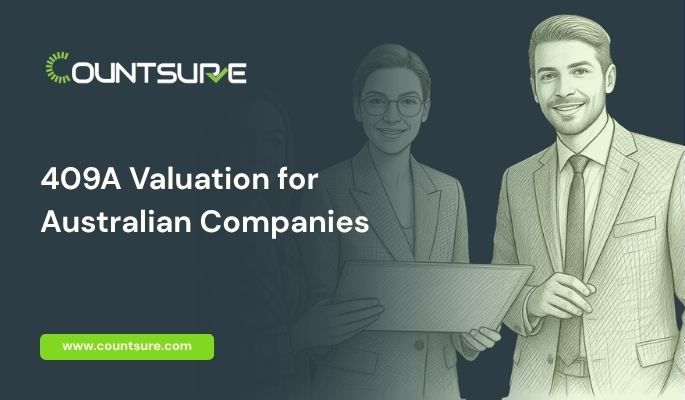 Countsure guide on 409A valuation for Australian companies — two business professionals representing IRS-compliant stock option and equity compensation planning for Australia-based startups expanding into the US