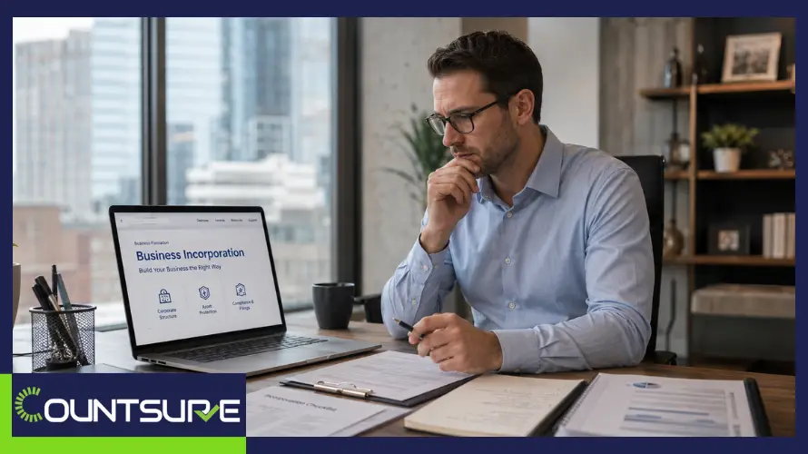 Countsure guide on the benefits of incorporating your business two professional women reviewing business incorporation options on a laptop representing LLC and corporation formation decisions for small business owners and entrepreneurs