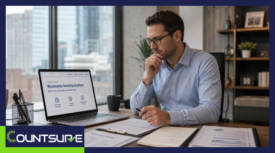 Countsure guide on the benefits of incorporating your business two professional women reviewing business incorporation options on a laptop representing LLC and corporation formation decisions for small business owners and entrepreneurs