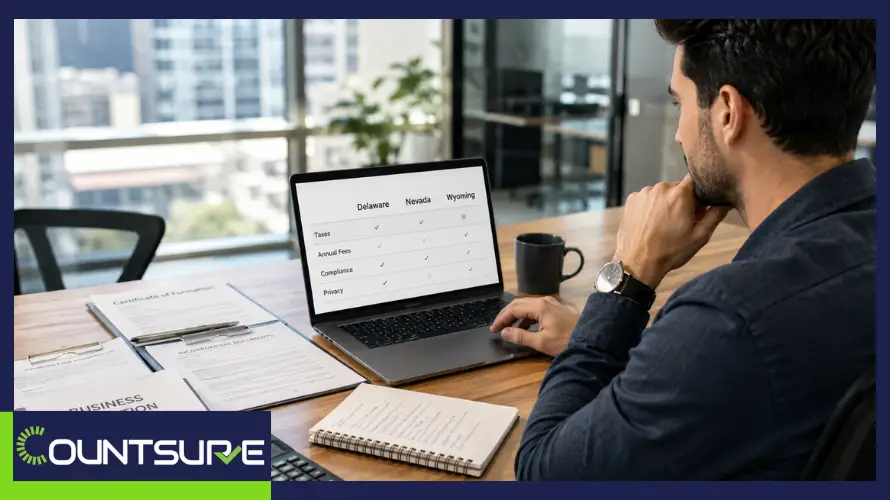 Countsure guide on the best state to incorporate a business two business professionals discussing LLC and corporation formation decisions representing how to choose the right US state for business incorporation