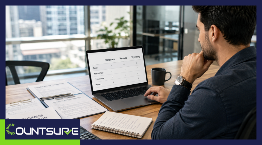 Countsure guide on the best state to incorporate a business two business professionals discussing LLC and corporation formation decisions representing how to choose the right US state for business incorporation