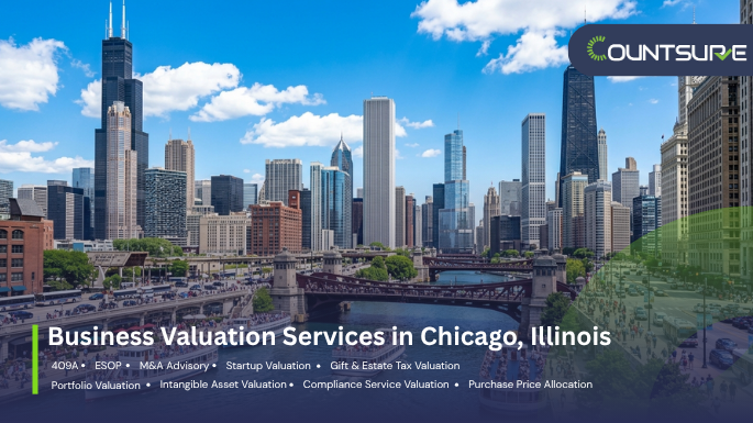 Countsure business valuation services in Chicago Illinois city skyline image showcasing comprehensive valuation offerings including 409A, ESOP, M&A advisory, startup valuation, gift and estate tax, portfolio valuation, intangible asset valuation, compliance services, and purchase price allocation