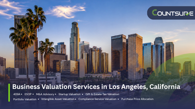 Countsure business valuation services in Los Angeles California skyline image showing comprehensive valuation offerings including 409A, ESOP, M&A advisory, startup valuation, gift and estate tax, portfolio valuation, intangible asset valuation, compliance services, and purchase price allocation