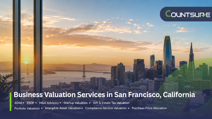Countsure business valuation services in San Francisco California — skyline view of downtown SF and Bay Bridge at sunset showcasing comprehensive valuation offerings including 409A, ESOP, M&A advisory, startup valuation, gift and estate tax, portfolio valuation, intangible asset valuation, compliance services, and purchase price allocation