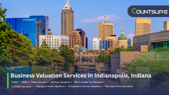 Countsure business valuation services in Indianapolis Indiana — downtown Indy skyline featuring the JW Marriott and Indiana State Capitol showcasing comprehensive valuation services including 409A, ESOP, M&A advisory, startup valuation, gift and estate tax, portfolio valuation, intangible asset valuation, compliance services, and purchase price allocation