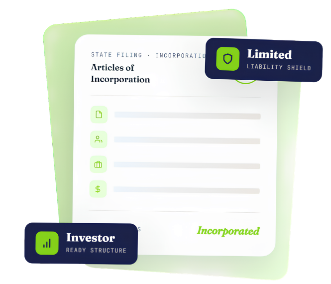 C Corporation formation infographic showing Articles of Incorporation state filing, limited liability shield protection, and investor-ready structure badge for US startup incorporation