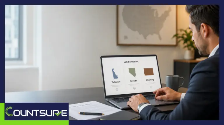 Countsure guide comparing Delaware Nevada and Wyoming LLC formation two business professionals walking and discussing where to form an LLC representing the decision framework for choosing the best US state for LLC incorporation