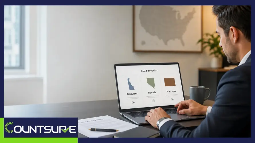 Countsure guide comparing Delaware Nevada and Wyoming LLC formation two business professionals walking and discussing where to form an LLC representing the decision framework for choosing the best US state for LLC incorporation