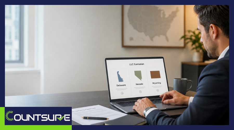 Countsure guide comparing Delaware Nevada and Wyoming LLC formation two business professionals walking and discussing where to form an LLC representing the decision framework for choosing the best US state for LLC incorporation