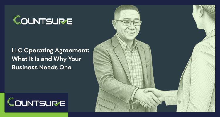 Countsure wide-format guide banner on LLC operating agreements — two professionals shaking hands illustrating the formation of a legally binding LLC operating agreement for business ownership protection and compliance