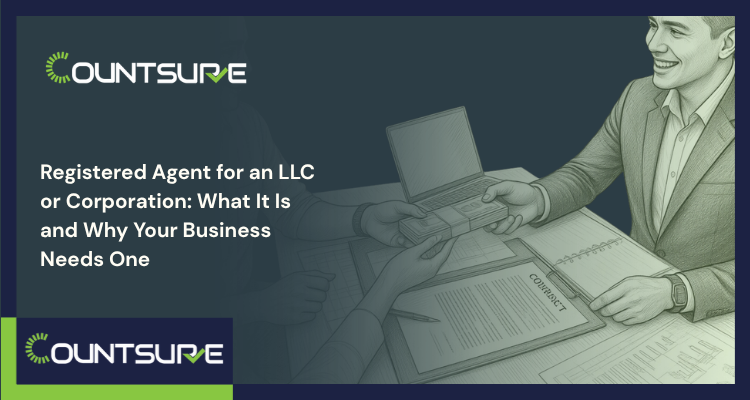 Countsure guide on registered agents for LLC and corporation business professional handing over signed contract documents representing the role of a registered agent in receiving legal and compliance correspondence for US businesses