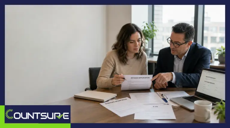 Countsure step-by-step guide on how to start a 501(c)(3) tax-exempt nonprofit — two professionals reviewing formation documents representing IRS nonprofit incorporation and tax-exemption application process for US founders