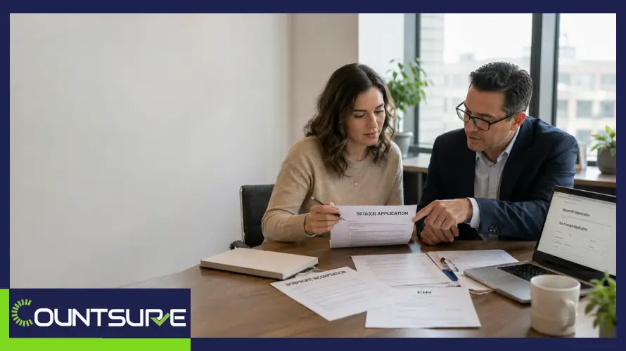 Countsure step-by-step guide on how to start a 501(c)(3) tax-exempt nonprofit — two professionals reviewing formation documents representing IRS nonprofit incorporation and tax-exemption application process for US founders