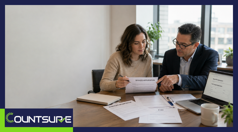 Countsure step-by-step guide on how to start a 501(c)(3) tax-exempt nonprofit — two professionals reviewing formation documents representing IRS nonprofit incorporation and tax-exemption application process for US founders