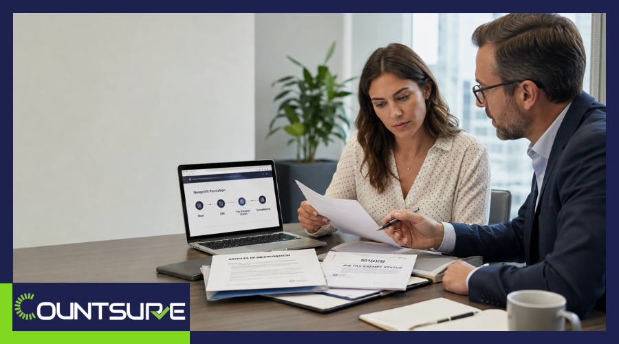 Countsure step-by-step guide on how to start a nonprofit corporation in the US two professionals reviewing nonprofit formation documents and financial reports at a desk representing incorporation and IRS compliance advisory for nonprofit founders