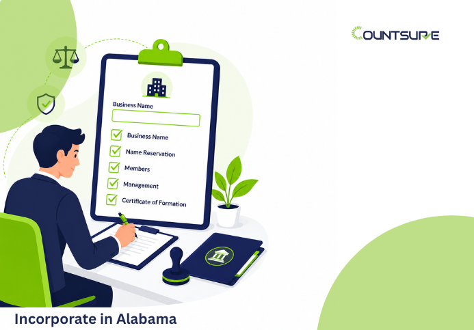 Countsure illustrated guide to incorporate in Alabama — business professional completing incorporation checklist covering business name, name reservation, members, management, and certificate of formation for Alabama LLC and corporation registration