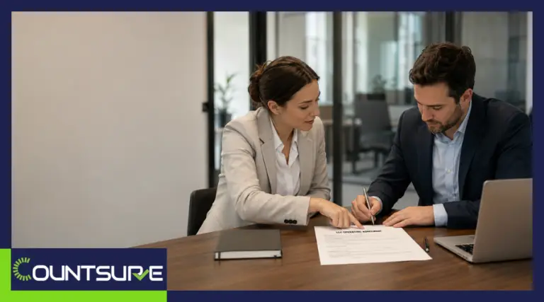 Countsure wide-format guide banner on LLC operating agreements — two professionals shaking hands illustrating the formation of a legally binding LLC operating agreement for business ownership protection and compliance