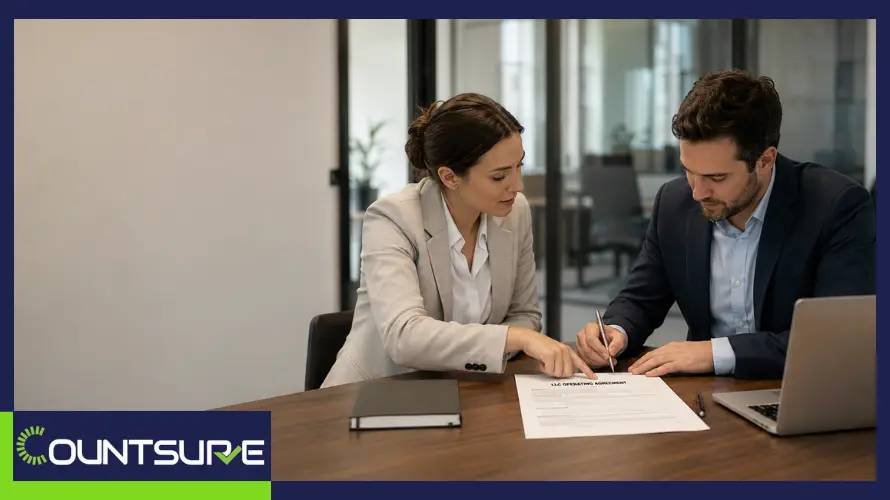 Countsure wide-format guide banner on LLC operating agreements — two professionals shaking hands illustrating the formation of a legally binding LLC operating agreement for business ownership protection and compliance