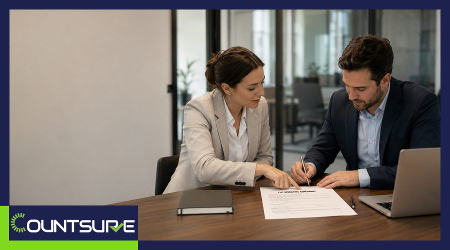 Countsure wide-format guide banner on LLC operating agreements — two professionals shaking hands illustrating the formation of a legally binding LLC operating agreement for business ownership protection and compliance