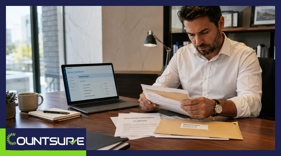 Countsure guide on registered agents for LLC and corporation business professional handing over signed contract documents representing the role of a registered agent in receiving legal and compliance correspondence for US businesses