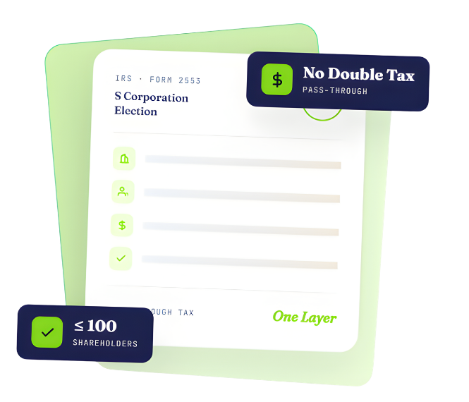 S Corporation Election infographic showing IRS Form 2553 filing, no double taxation with pass-through treatment, one layer tax structure, and maximum 100 shareholders eligibility requirement