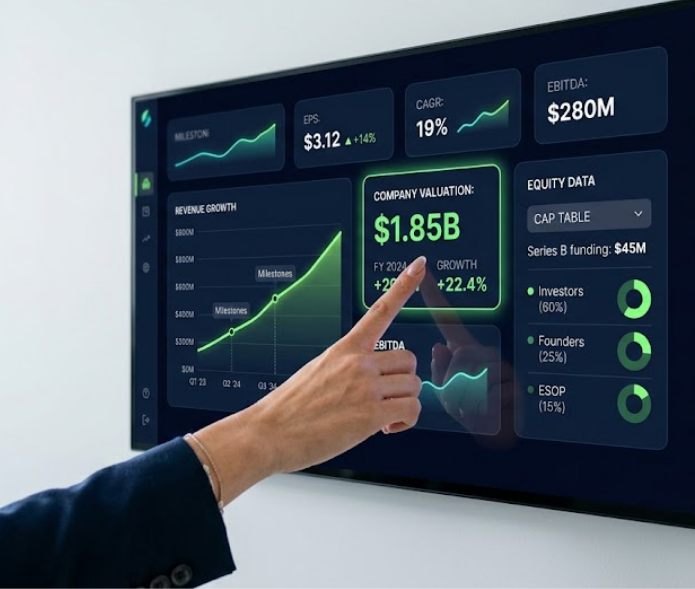 Business professional pointing to a company valuation dashboard displaying $1.85B valuation, 19% CAGR, $280M EBITDA, Series B funding of $45M, cap table breakdown with investors at 60%, founders at 25%, and ESOP at 15%