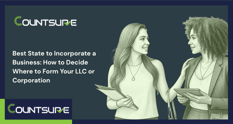 Countsure guide on the best state to incorporate a business two business professionals discussing LLC and corporation formation decisions representing how to choose the right US state for business incorporation