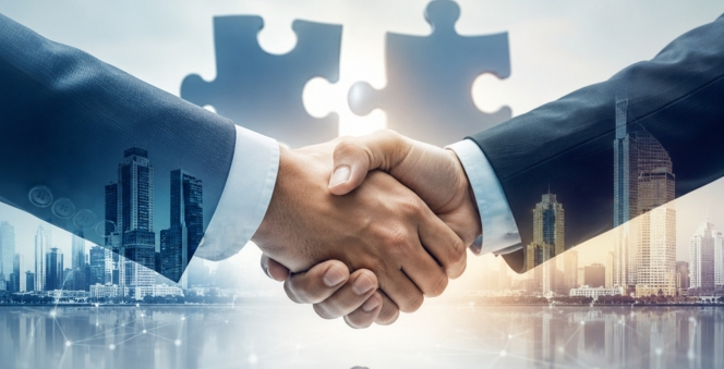 Two business executives shaking hands against a city skyline backdrop with interlocking puzzle pieces representing a merger and acquisition deal — symbolizing M&A advisory and business valuation services for corporate transactions