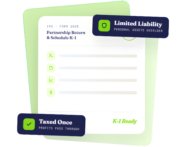 Multi-Member LLC infographic showing IRS Form 1065 Partnership Return with Schedule K-1, limited liability protection for personal assets, and pass-through taxation with profits taxed once at member level