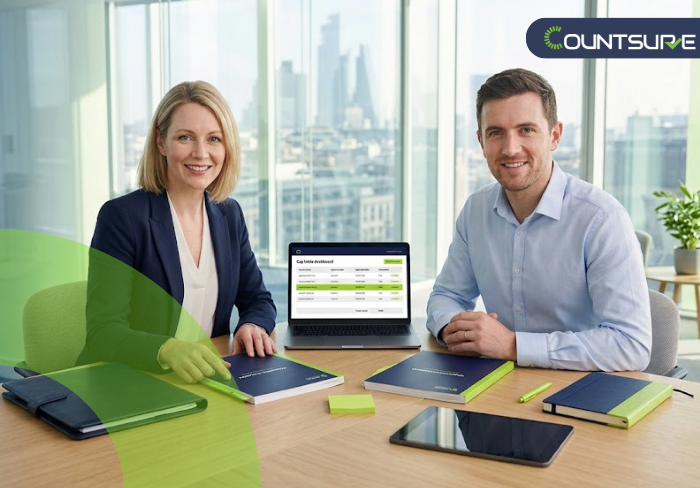 Countsure 409A valuation advisory for UK companies — two financial professionals reviewing a cap table dashboard and valuation reports in a London high-rise office representing IRS-compliant equity compensation planning for UK-based startups expanding into the US market