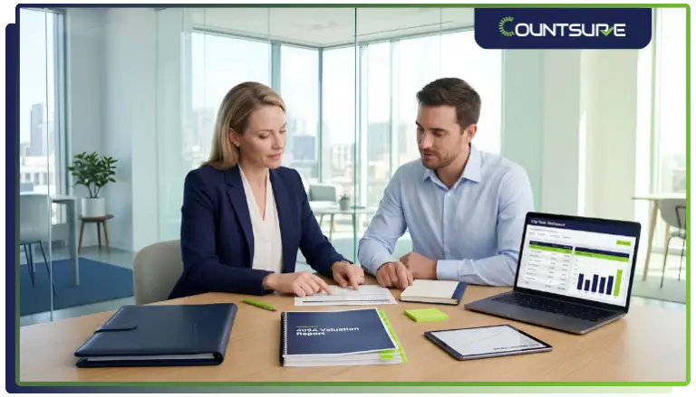 Countsure 409A valuation advisory — two financial professionals reviewing a 409A Valuation Report alongside a cap table dashboard on laptop, representing expert IRS penalty risk assessment and compliance review for startups