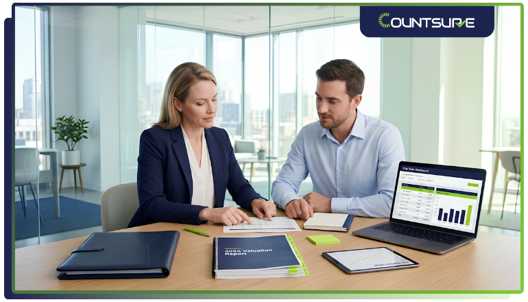 Countsure 409A valuation advisory — two financial professionals reviewing a 409A Valuation Report alongside a cap table dashboard on laptop, representing expert IRS penalty risk assessment and compliance review for startups