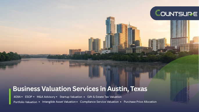 Countsure business valuation services in Austin Texas — downtown Austin skyline reflecting on Lady Bird Lake at dusk showcasing 409A, ESOP, M&A advisory, startup valuation, gift and estate tax, portfolio, intangible asset, compliance, and purchase price allocation services