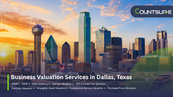 Countsure business valuation services in Dallas Texas — downtown Dallas skyline with Reunion Tower at dramatic golden sunset showcasing 409A, ESOP, M&A advisory, startup valuation, gift and estate tax, portfolio, intangible asset, compliance, and purchase price allocation services