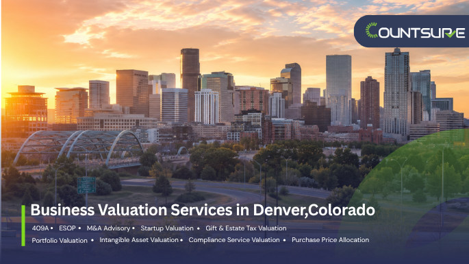 Countsure business valuation services in Denver Colorado — downtown Denver skyline at golden sunset showcasing comprehensive valuation offerings including 409A, ESOP, M&A advisory, startup valuation, gift and estate tax, portfolio valuation, intangible asset valuation, compliance services, and purchase price allocation