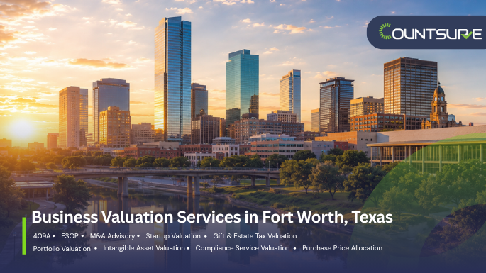 Countsure business valuation services in Fort Worth Texas — downtown Fort Worth skyline at golden sunset showcasing 409A, ESOP, M&A advisory, startup valuation, gift and estate tax, portfolio, intangible asset, compliance, and purchase price allocation services