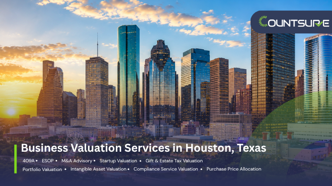 Countsure business valuation services in Houston Texas — downtown Houston skyline at golden sunrise showcasing 409A, ESOP, M&A advisory, startup valuation, gift and estate tax, portfolio, intangible asset, compliance, and purchase price allocation services