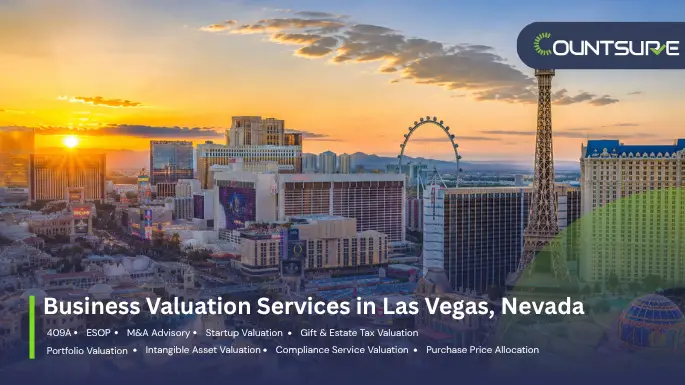 Countsure business valuation services in Las Vegas Nevada — Las Vegas Strip skyline with High Roller observation wheel at golden sunset showcasing 409A, ESOP, M&A advisory, startup valuation, gift and estate tax, portfolio, intangible asset, compliance, and purchase price allocation services