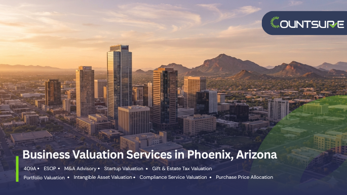 Countsure business valuation services in Phoenix Arizona — downtown Phoenix skyline with Camelback Mountain backdrop at golden sunset showcasing 409A, ESOP, M&A advisory, startup valuation, gift and estate tax, portfolio, intangible asset, compliance, and purchase price allocation services