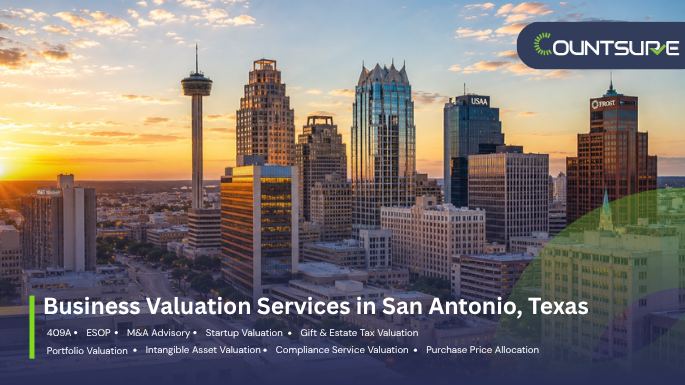 Countsure business valuation services in San Antonio Texas — downtown San Antonio skyline with Tower of the Americas at golden sunset showcasing 409A, ESOP, M&A advisory, startup valuation, gift and estate tax, portfolio, intangible asset, compliance, and purchase price allocation services